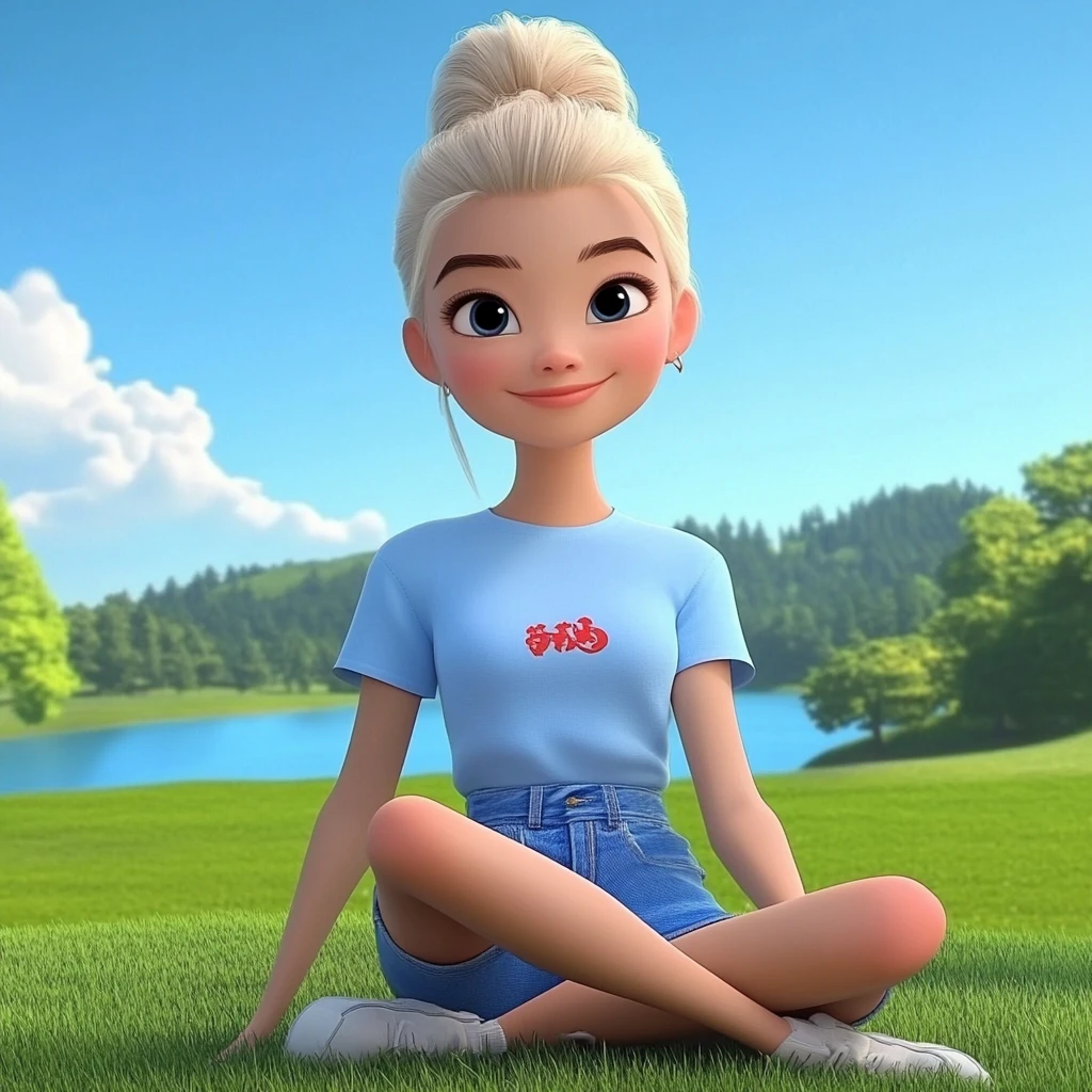 Girl Blonde Bun Light Blue T-shirt Blue Shorts White Sneakers Lake Green Field 3d Animation