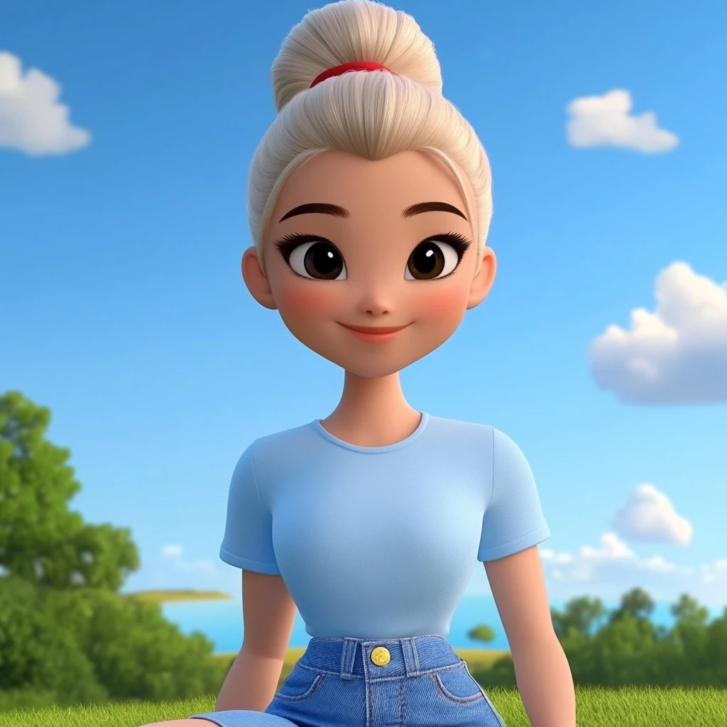 Girl Blonde Bun Light Blue T-shirt Denim Shorts Grass Field Blue Sky
