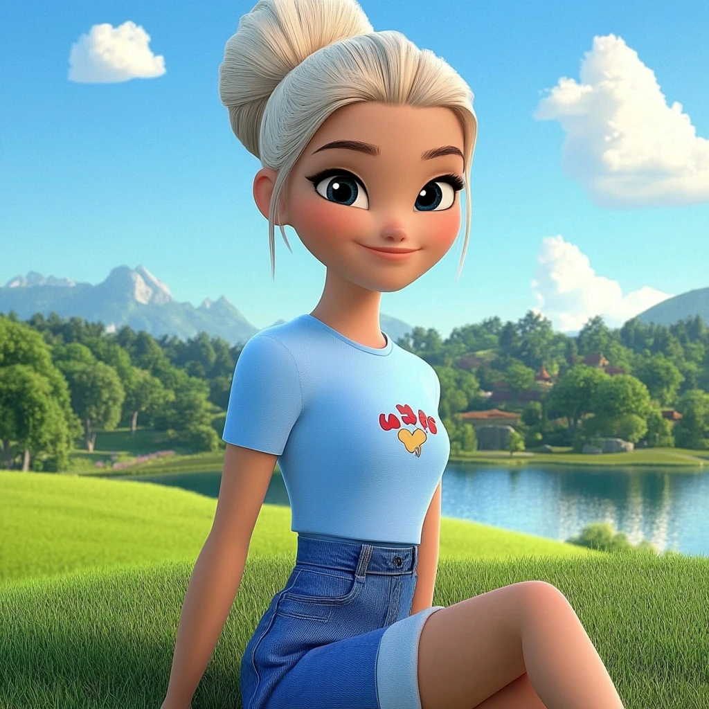 Girl Blonde Bun Light Blue T-shirt Denim Skirt Lake Mountains Green Field 3d Animation
