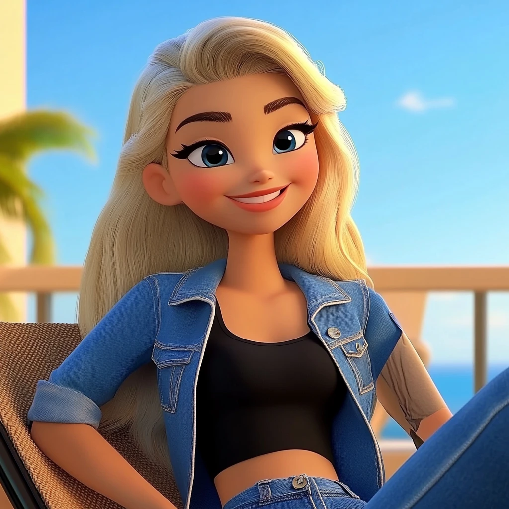 Girl Blonde Denim Jacket Black Crop Top Beach Setting 3d Animation