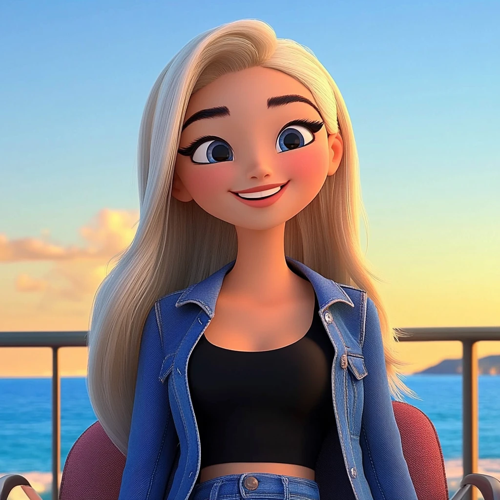 Girl Blonde Denim Jacket Black Crop Top Ocean Sunset 3d Animation