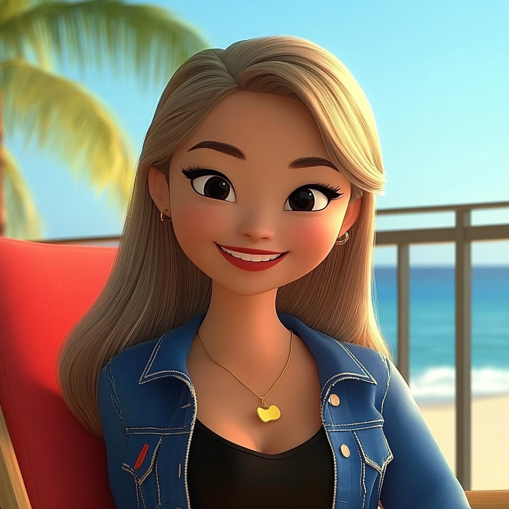 Girl Blonde Denim Jacket Heart Necklace Beach Balcony 3d Animation