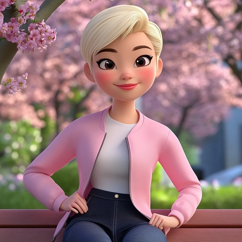 Girl Blonde Pink Jacket White Top Dark Jeans Cherry Blossoms Park Bench 3d Animation