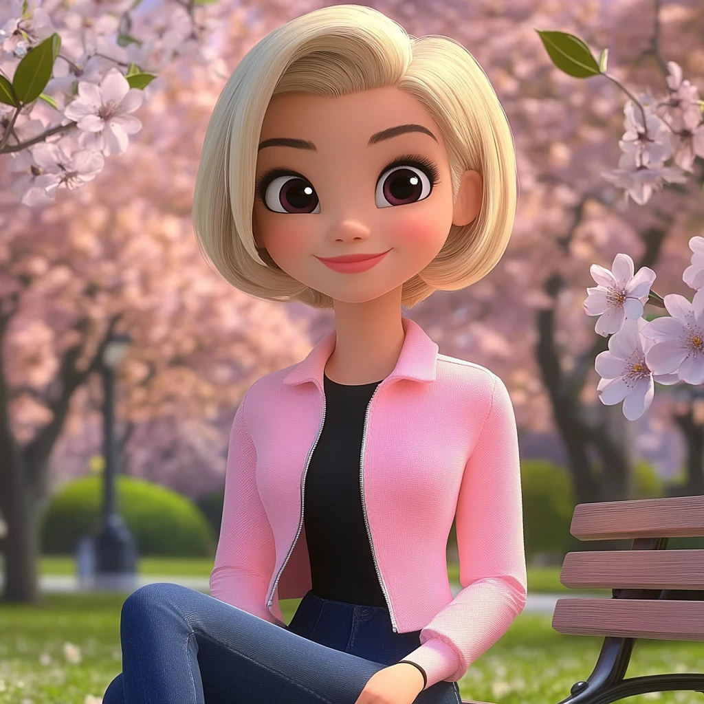 Girl Blonde Short Hair Pink Jacket Black Top Blue Jeans Park Bench Cherry Blossoms 3d Animation