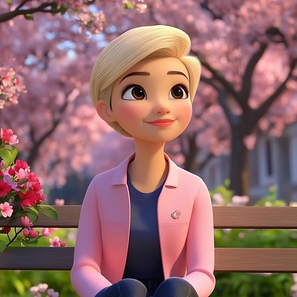 Girl Blonde Short Hair Pink Jacket Blue Shirt Park Bench Cherry Blossoms 3d Animation