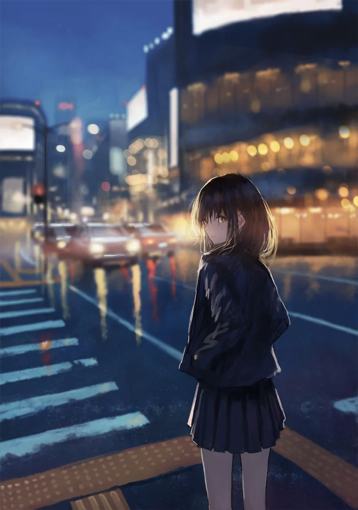 Girl Blue Black Cityscape Nighttime