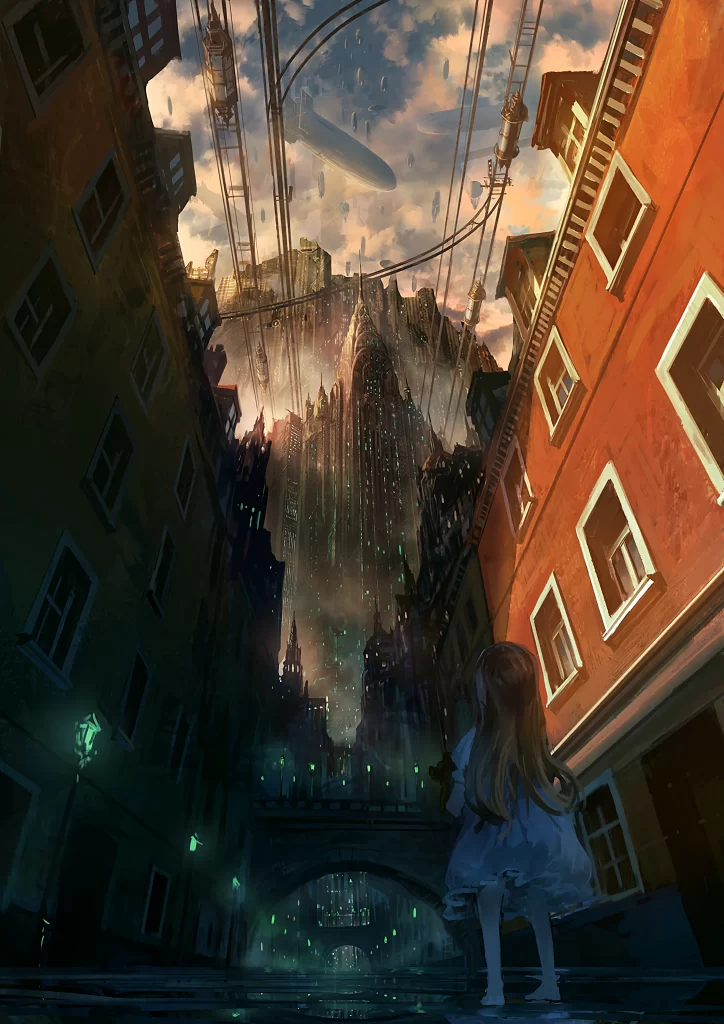 Girl Blue Dress Cityscape Orange Sky