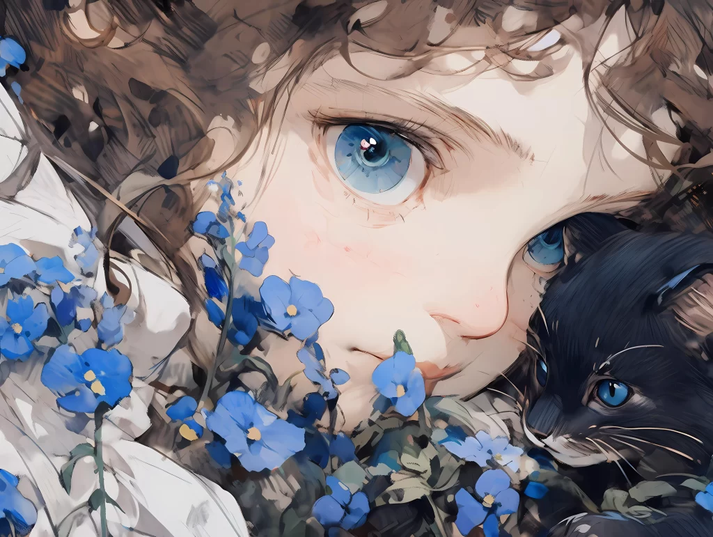 Girl Blue Flowers Black Cat Pastel