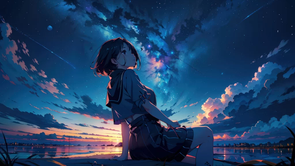 Girl Blue Purple Orange Night Sky
