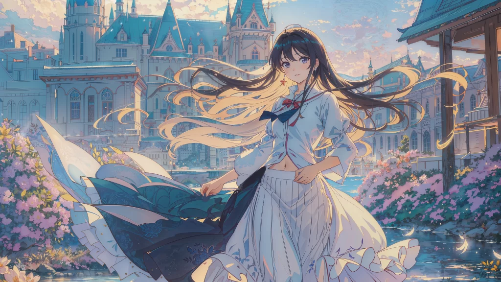 Girl Blue White Pink Castle Fantasy