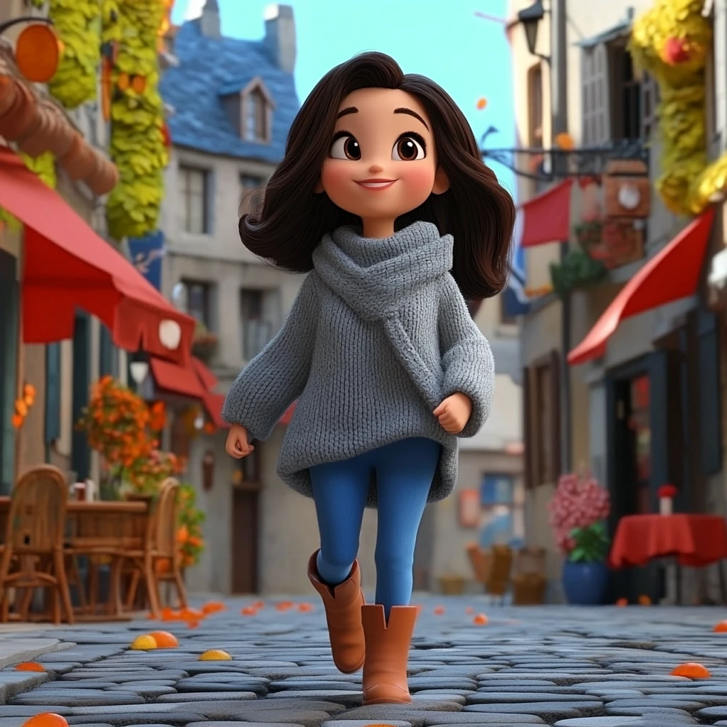 Girl Brown Hair Gray Sweater Blue Pants Brown Boots Cobblestone Street 3d Animation