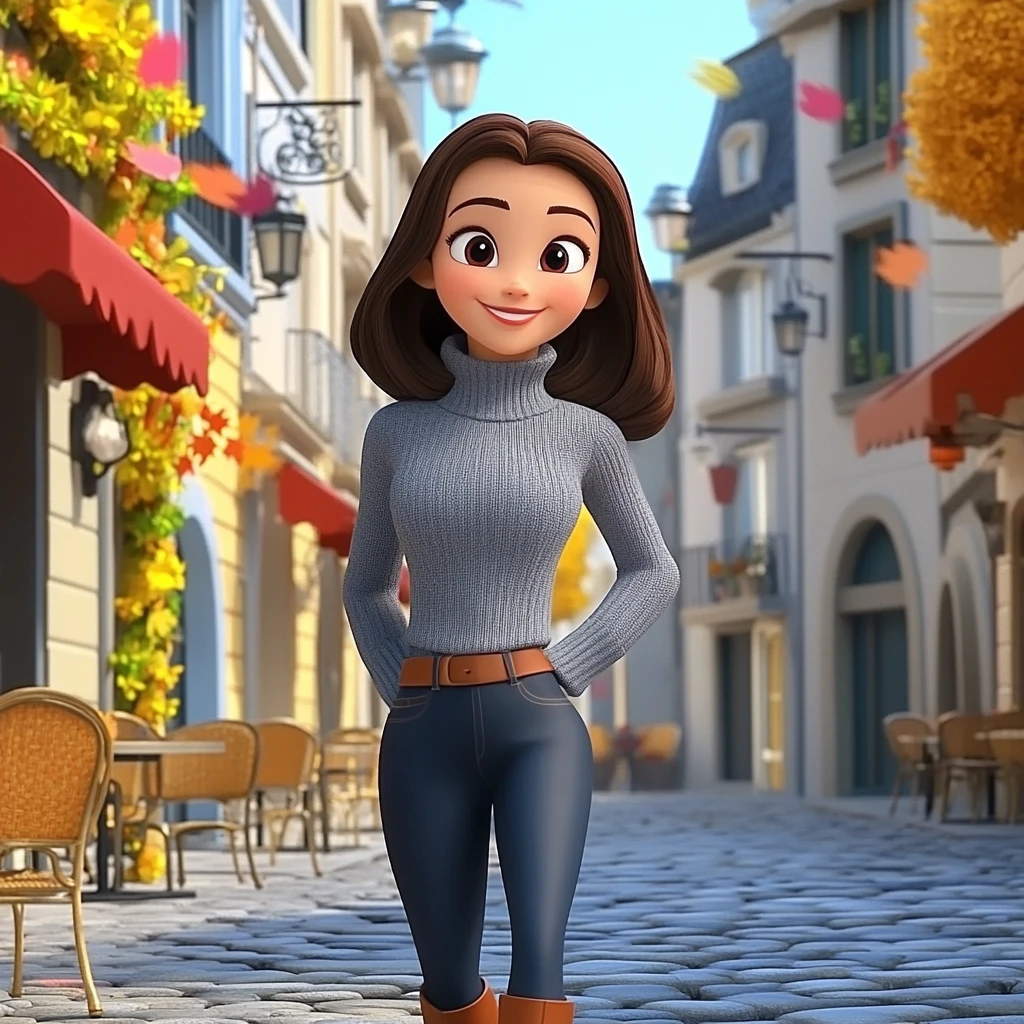 Girl Brown Hair Gray Turtleneck Blue Jeans Brown Boots Cobblestone Street 3d Animation