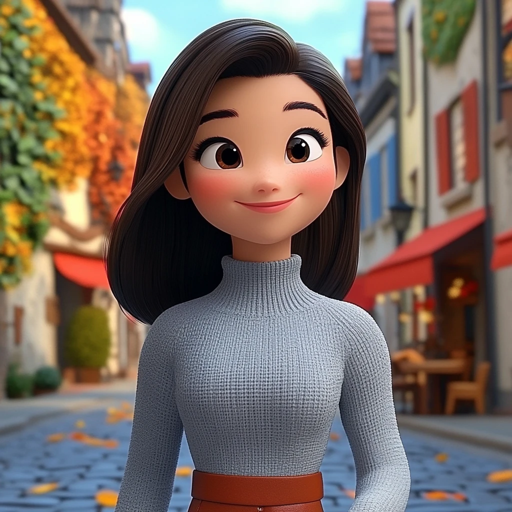 Girl Brown Hair Gray Turtleneck Brown Skirt Street Scene 3d Animation