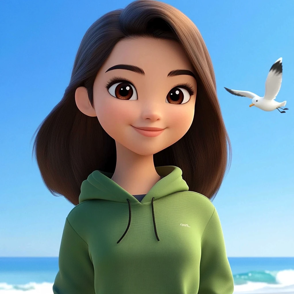Girl Brown Hair Green Hoodie Beach Ocean Seagull 3d Animation