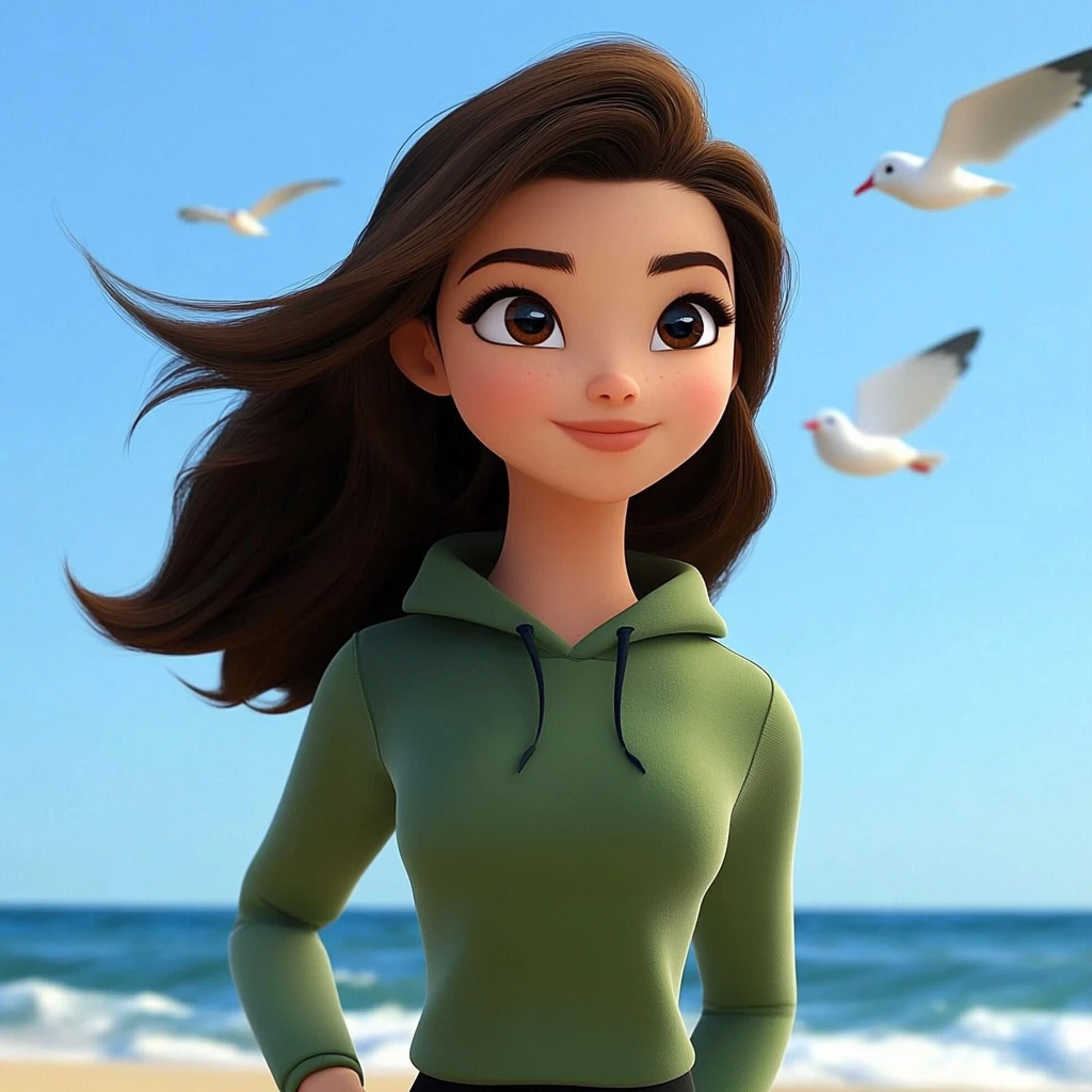 Girl Brown Hair Green Hoodie Beach Ocean Seagulls 3d Animation
