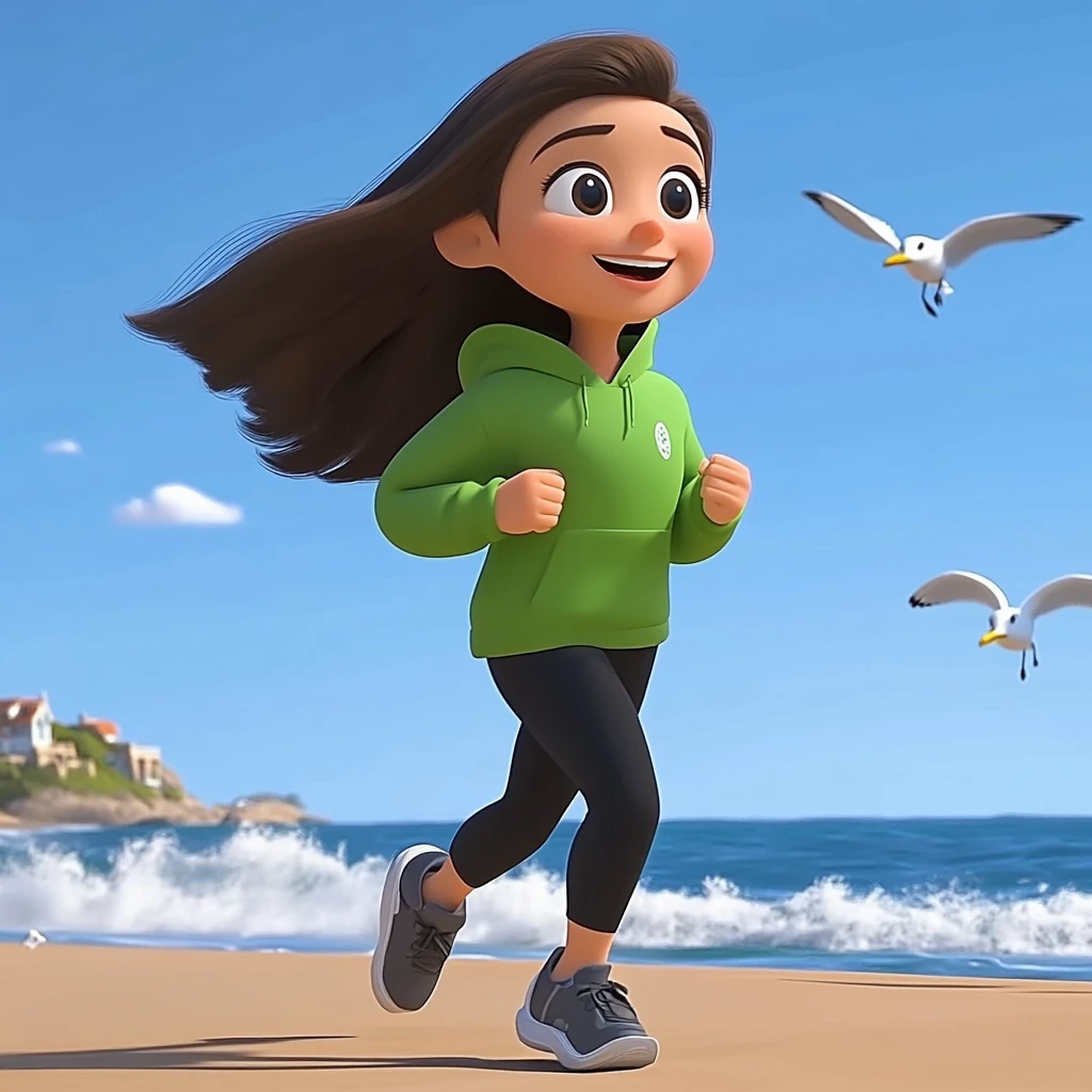 Girl Brown Hair Green Hoodie Black Leggings Gray Shoes Beach Ocean Seagulls 3d Animation