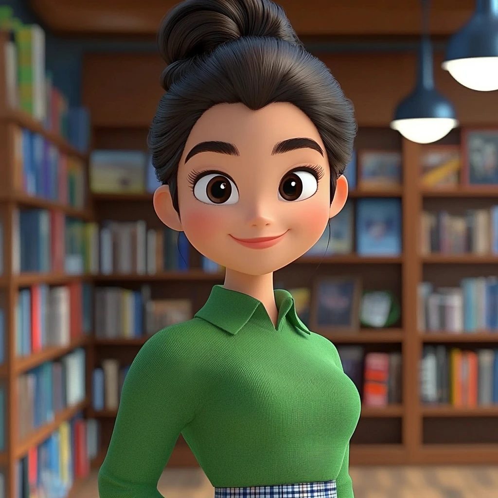 Girl Bun Green Shirt Library 3d Animation