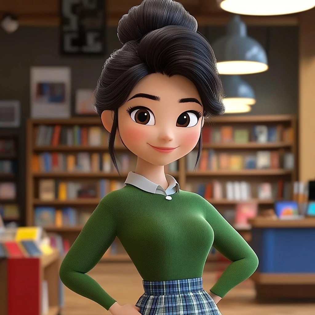 Girl Bun Green Sweater Plaid Skirt Bookstore 3d Animation