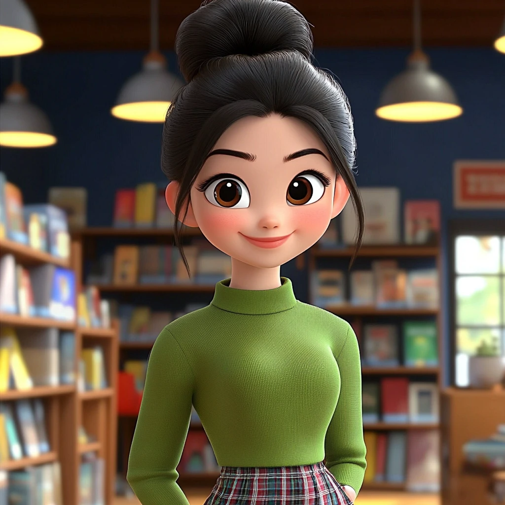 Girl Bun Green Turtleneck Plaid Skirt Bookstore 3d Animation