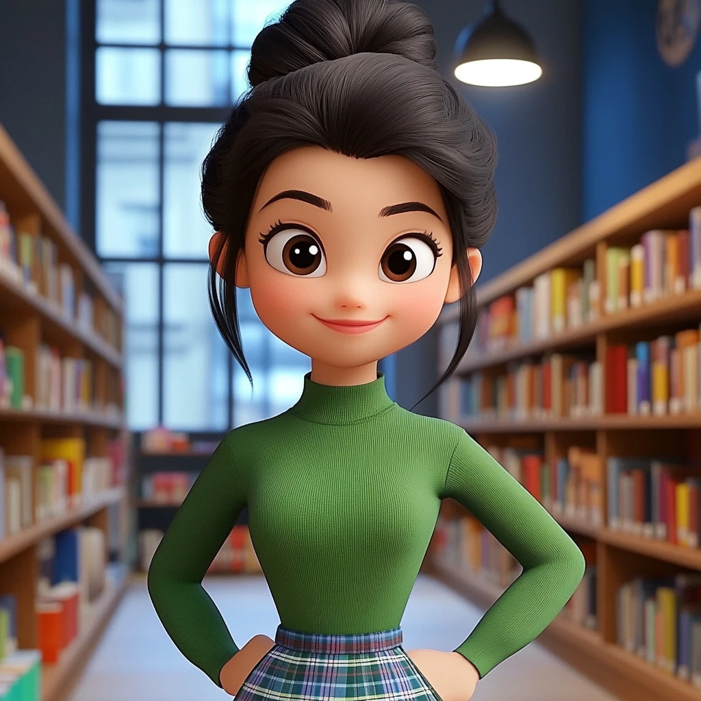 Girl Bun Green Turtleneck Plaid Skirt Library 3d Animation