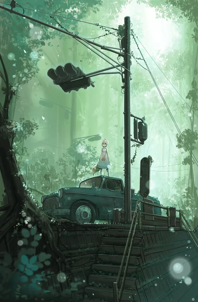 Girl Car Trees Green Fantasy