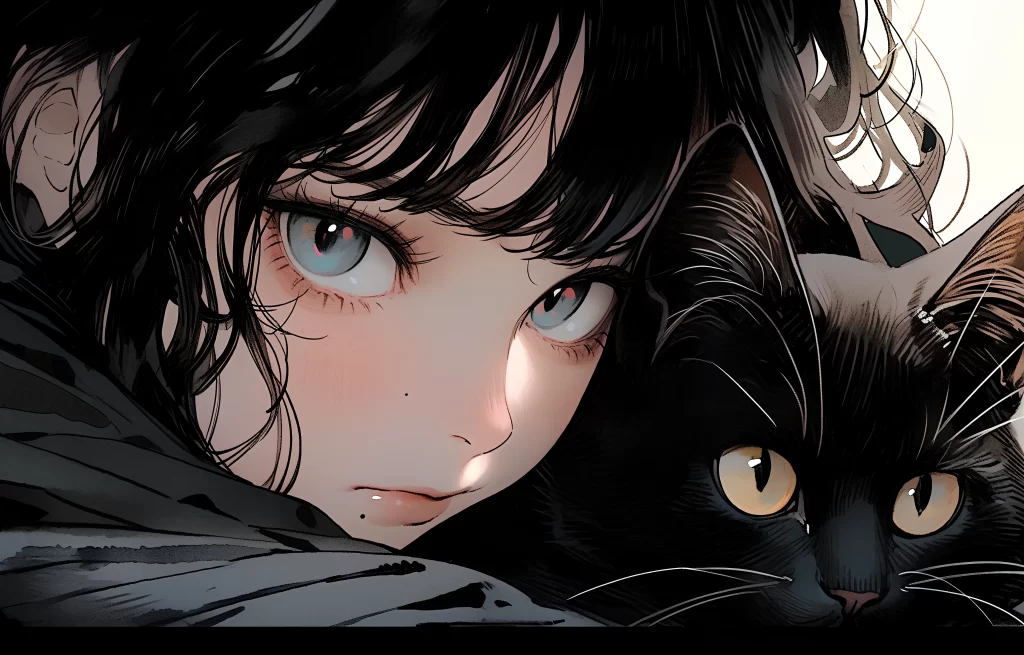Girl Cat Black Brown Blue Manga