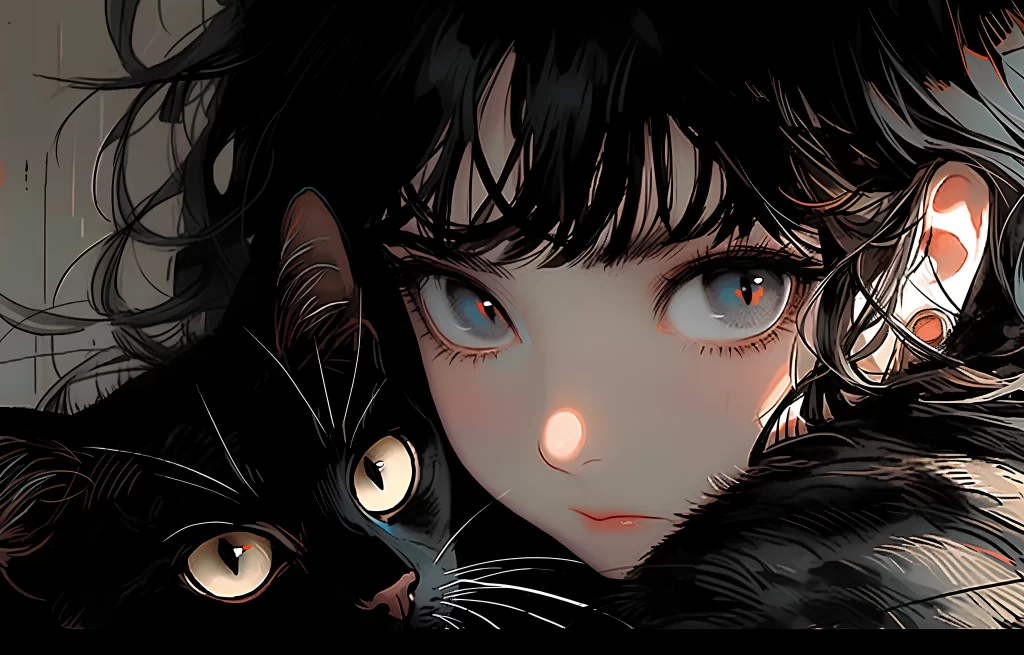 Girl Cat Black Hair Blue Eyes