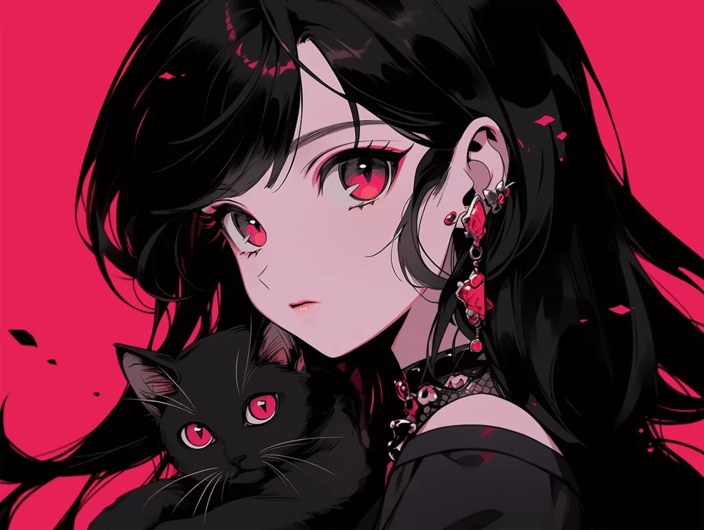 Girl Cat Black Red Gothic