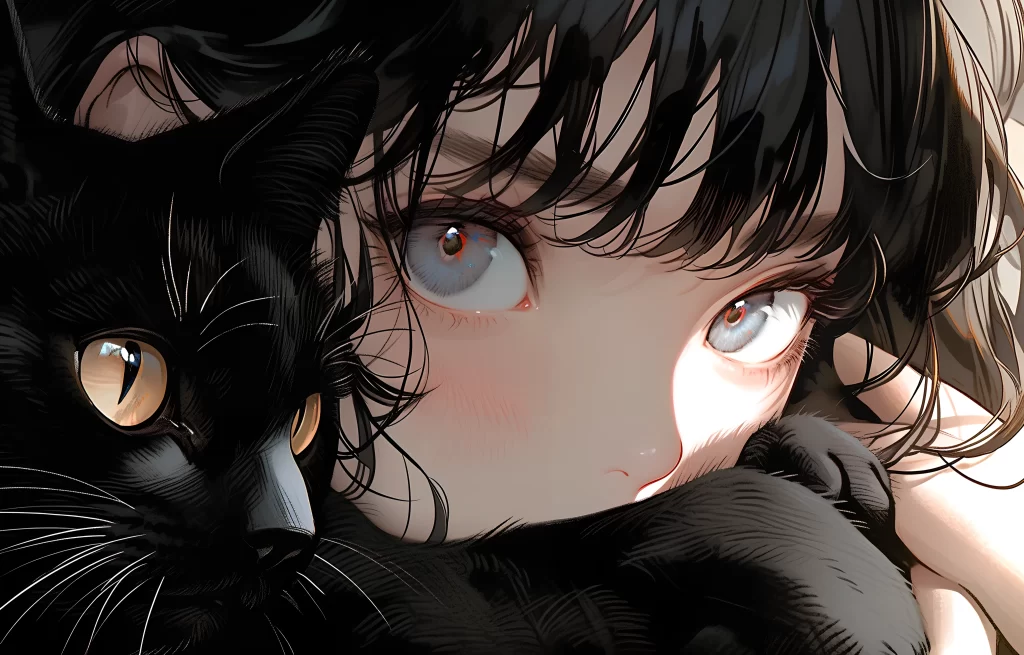 Girl Cat Black White Anime