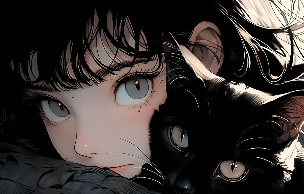Girl Cat Black White Blue Anime