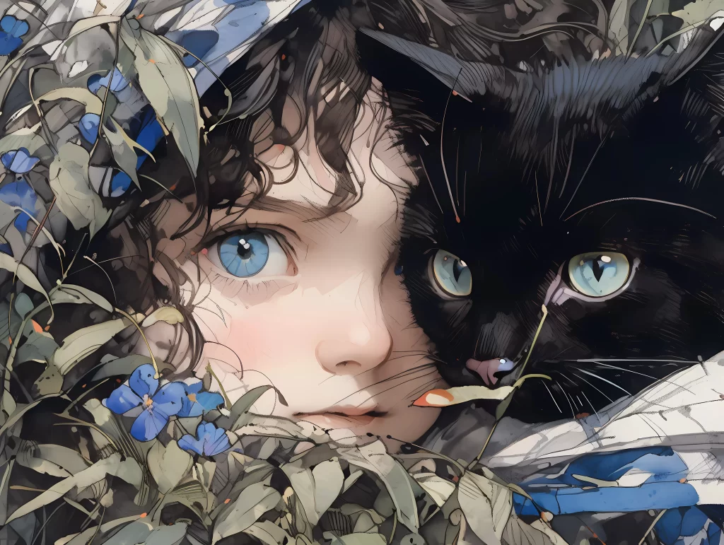 Girl Cat Blue Green Fantasy
