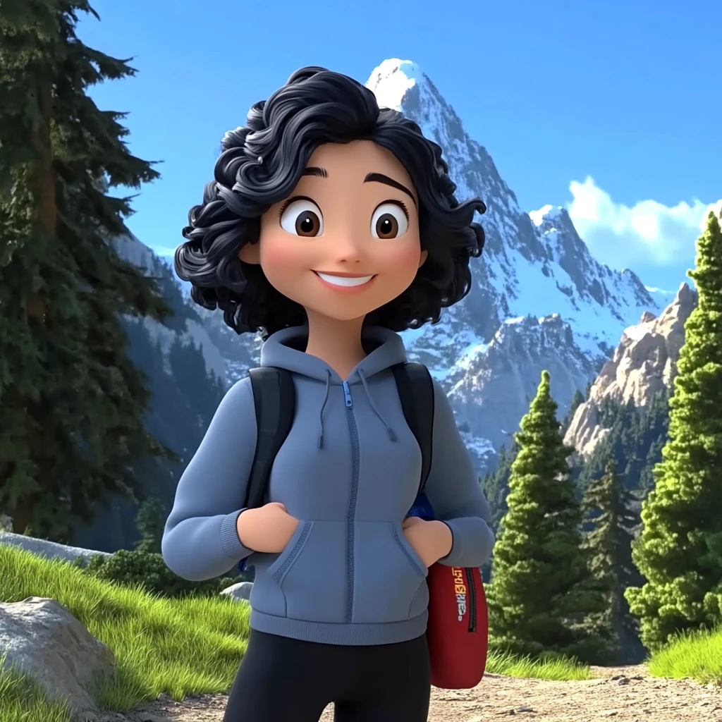 Girl Curly Black Hair Gray Hoodie Black Pants Backpack Mountain Forest 3d Animation