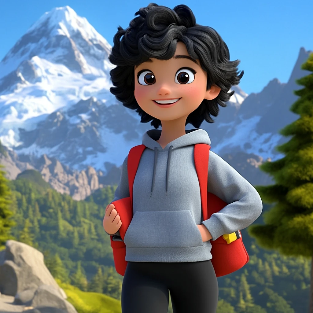 Girl Curly Black Hair Gray Hoodie Red Backpack Mountain Forest 3d Animation