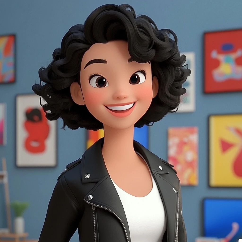 Girl Curly Black Hair Leather Jacket White Top Art Gallery 3d Animation