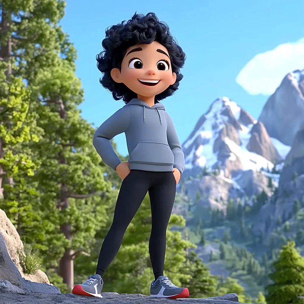 Girl Curly Hair Gray Hoodie Black Leggings Gray Red Sneakers Mountain Forest 3d Animation