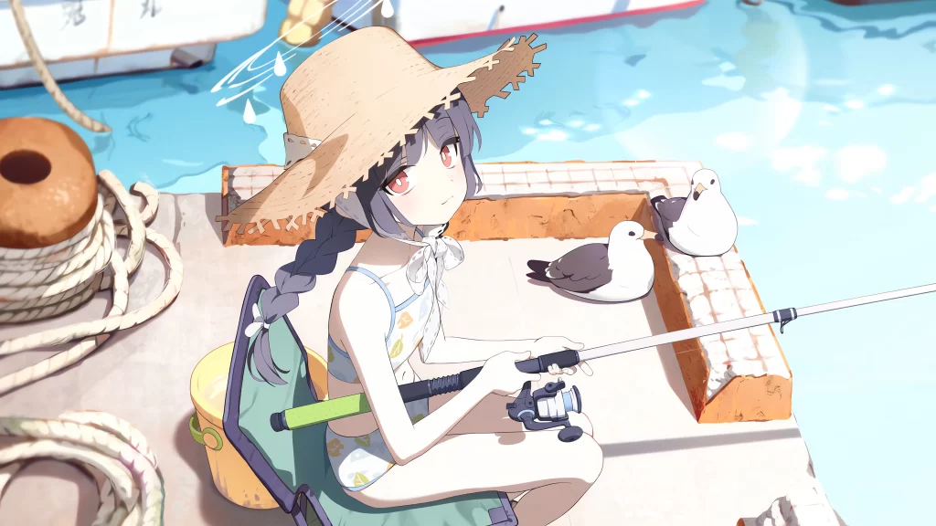 Girl Fishing Blue White Yellow Summer