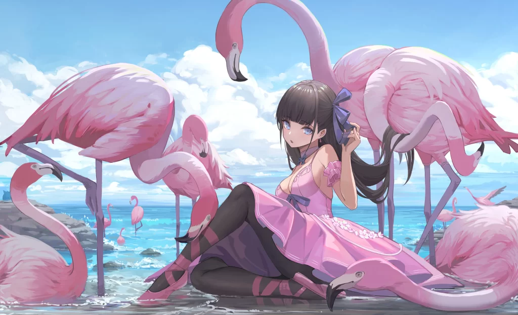 Girl Flamingos Pink Blue Fantasy