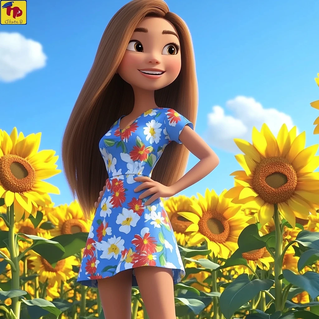 Girl Floral Dress Sunflower Field 3d Animation Brown Hair Blue Dress