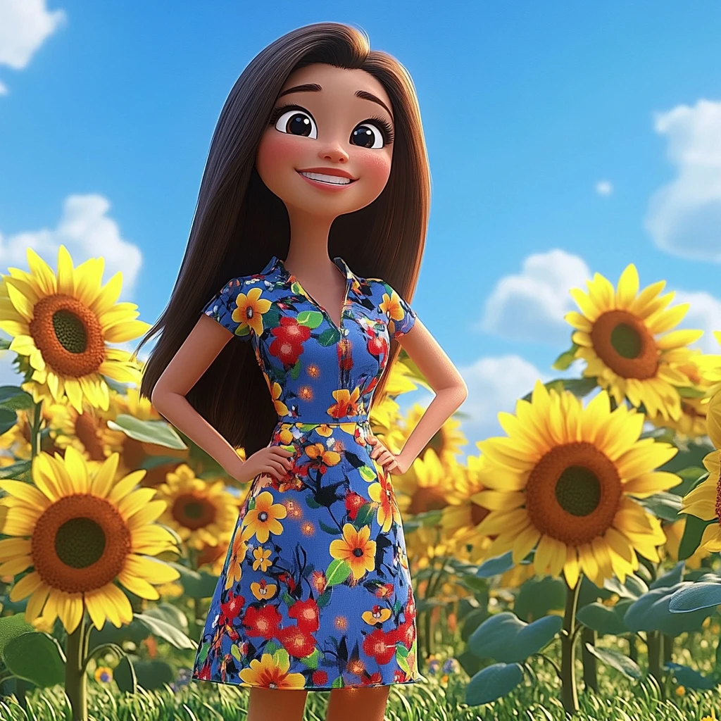 Girl Floral Dress Sunflower Field 3d Animation