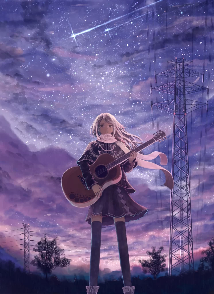 Girl Guitar Night Sky Purple Fantasy