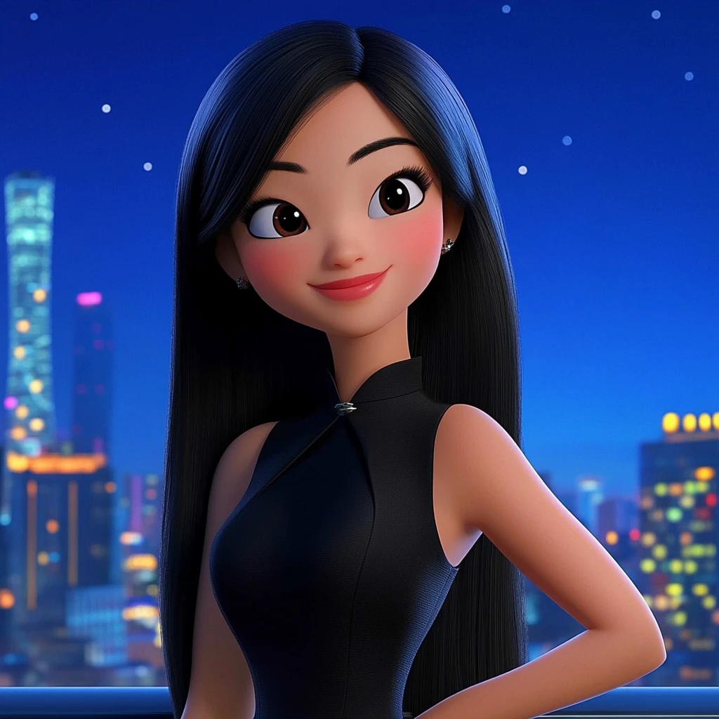 Girl Long Black Hair Black Dress City Night 3d Animation