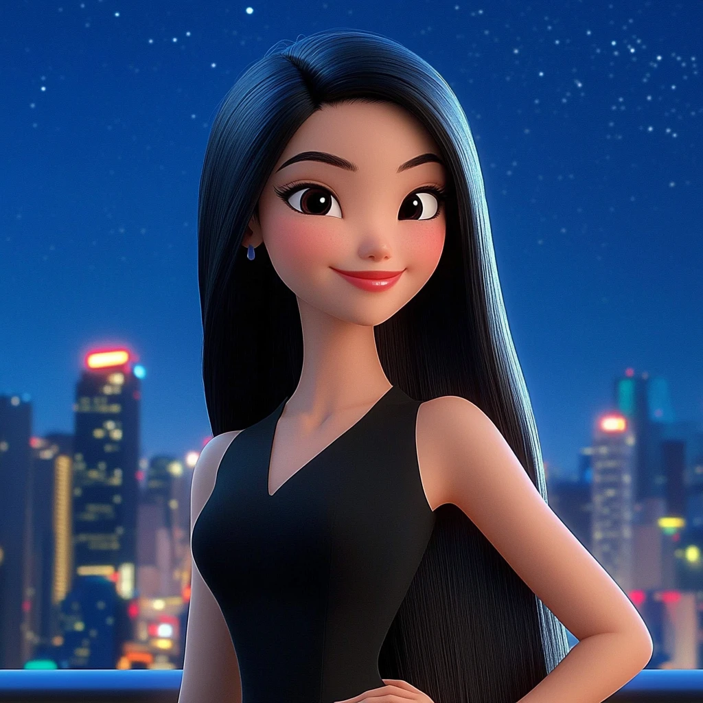 Girl Long Black Hair Black Dress City Night Sky 3d Animation