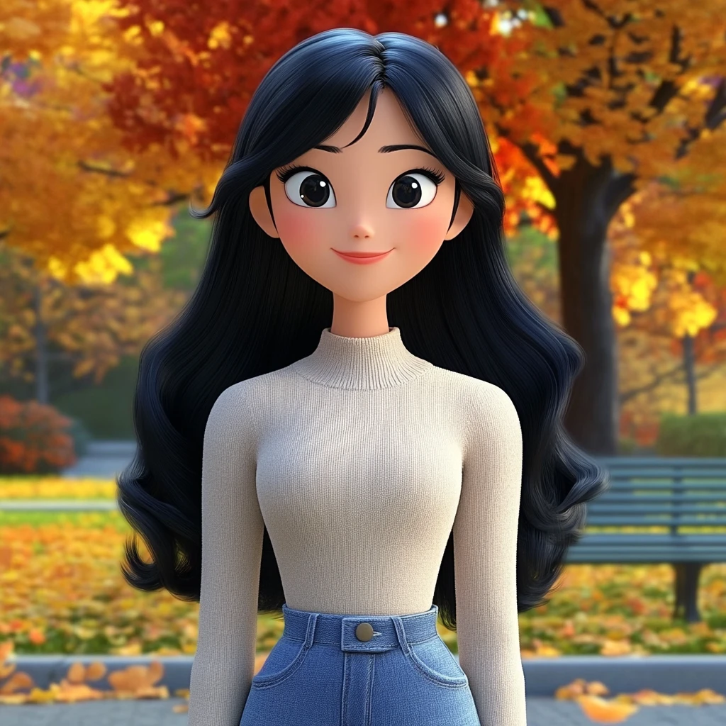 Girl Long Black Hair Turtleneck Sweater Blue Jeans Autumn Park 3d Animation