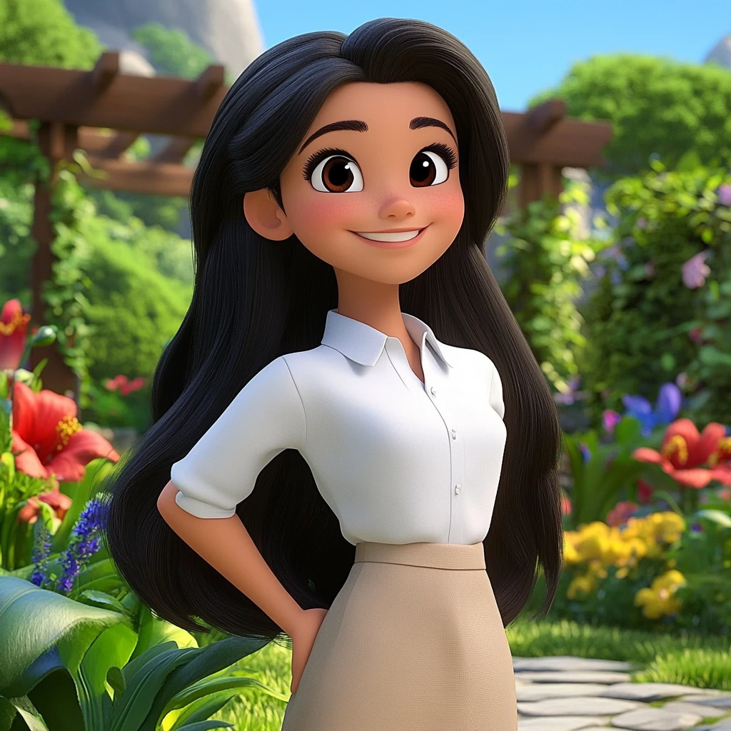 Girl Long Black Hair White Blouse Beige Skirt Garden 3d Animation