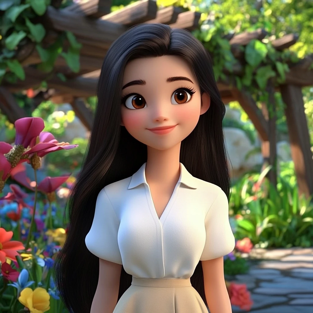 Girl Long Black Hair White Blouse Garden 3d Animation