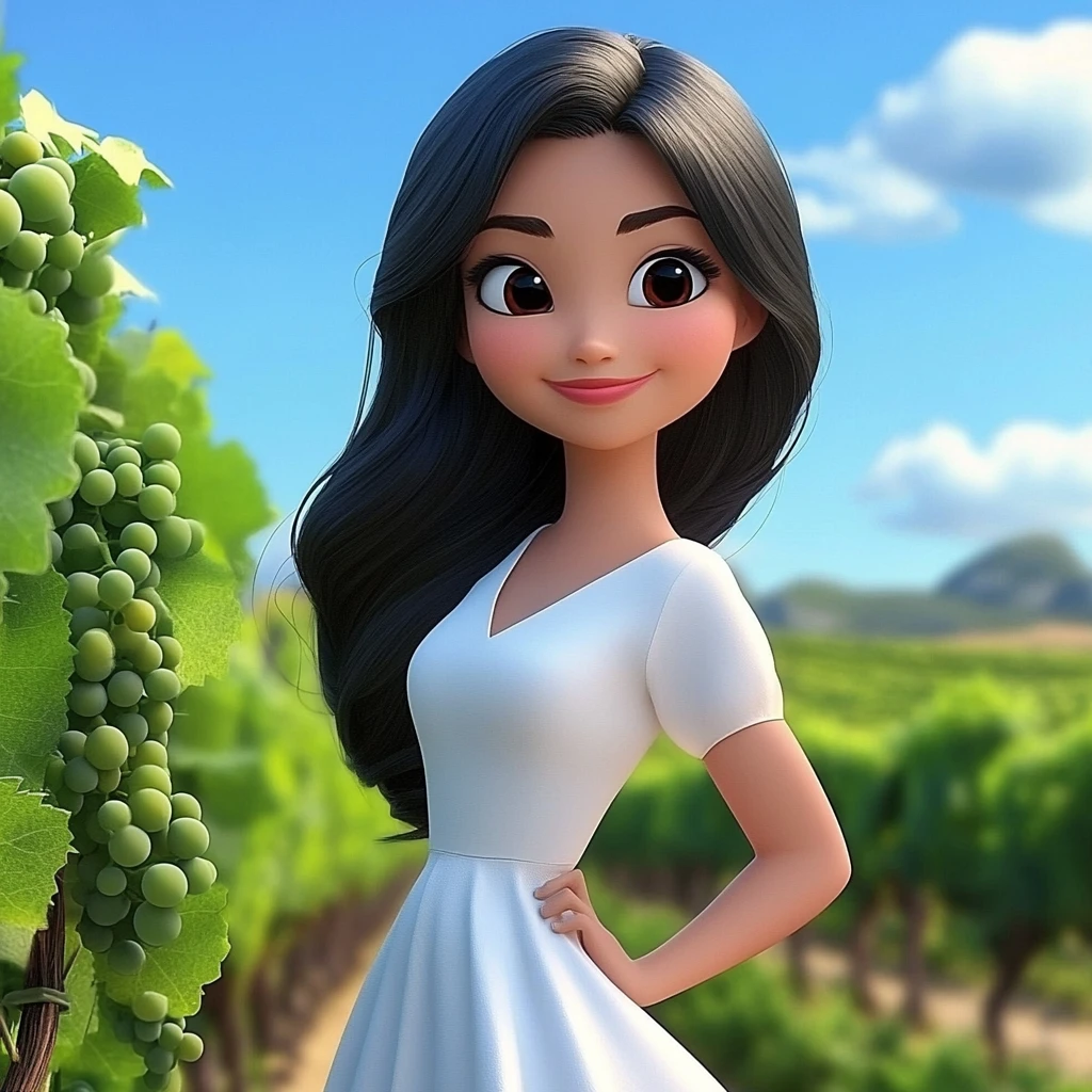 Girl Long Black Hair White Dress Vineyard 3d Animation