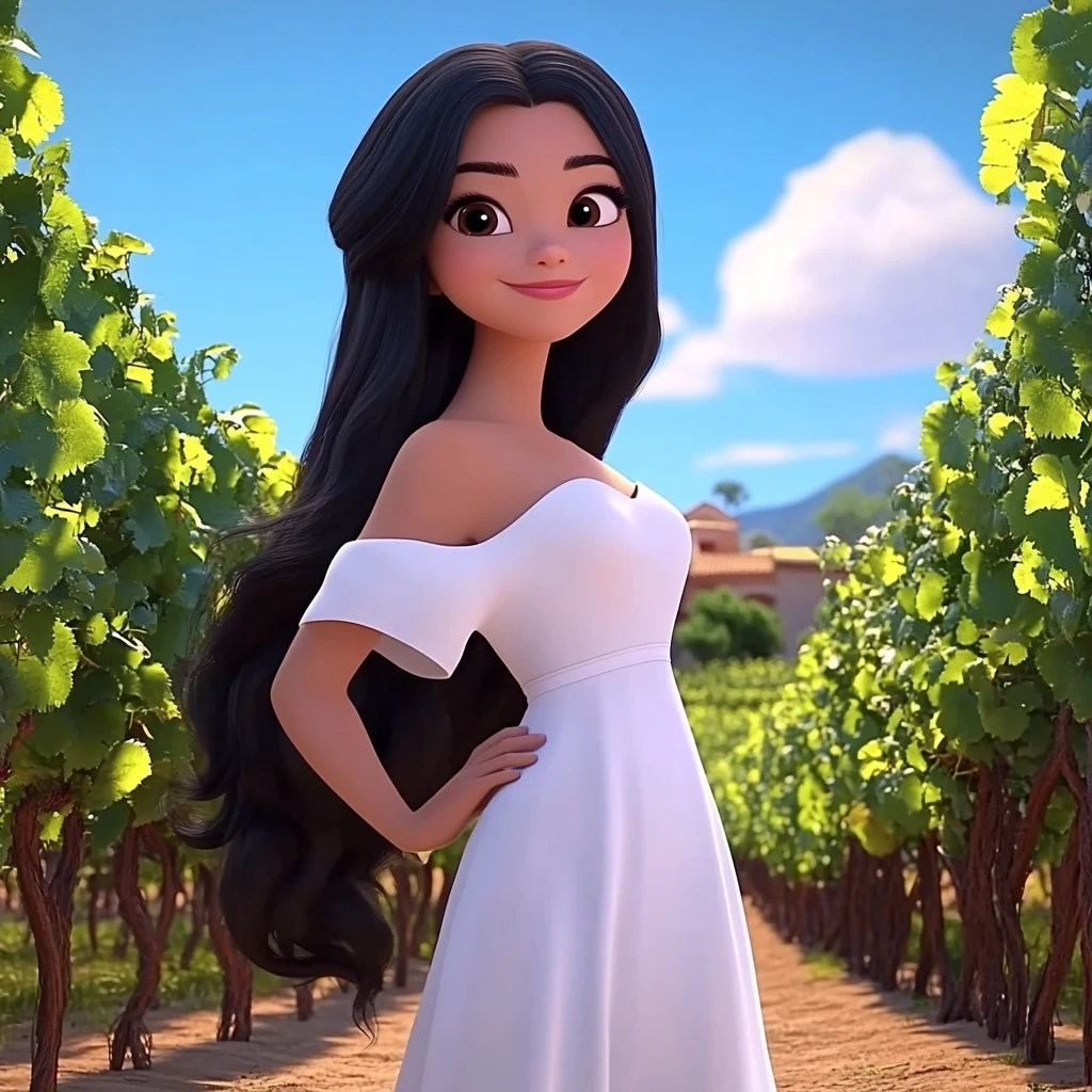 Girl Long Black Hair White Off-shoulder Dress Vineyard 3d Animation