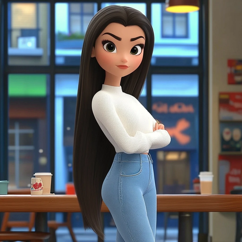 Girl Long Black Hair White Sweater Blue Jeans Cafe Interior 3d Animation
