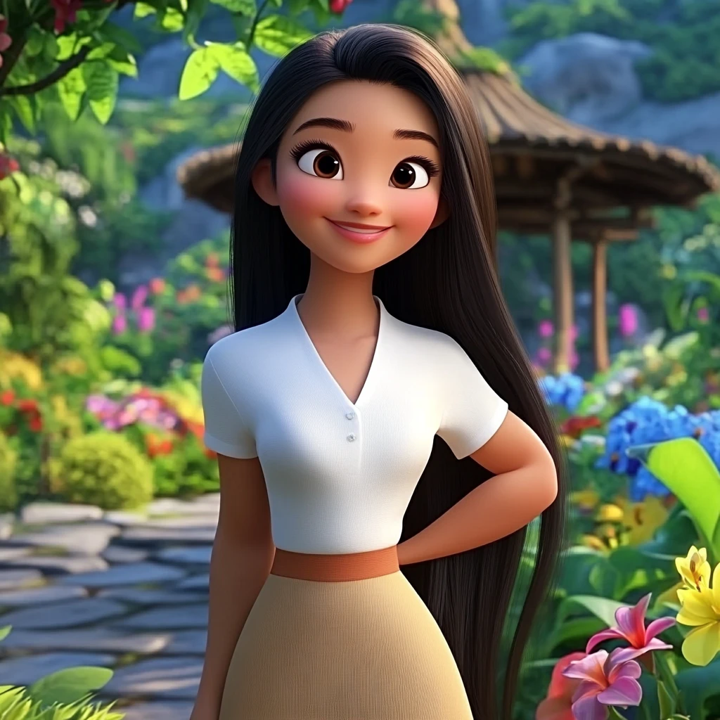 Girl Long Black Hair White Top Tan Skirt Garden 3d Animation
