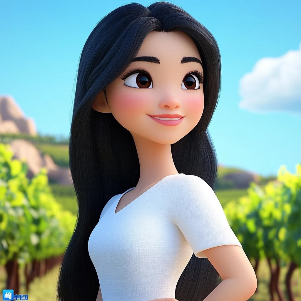 Girl Long Black Hair White Top Vineyard 3d Animation